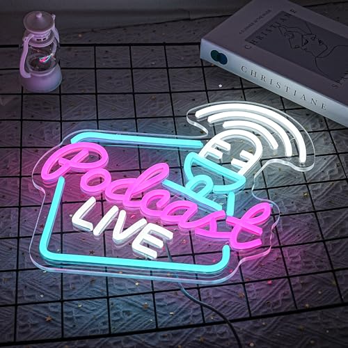 Podcast Live Neon Light Sign Rose White Letter LED Sign Studio Live Neon Light for Wall Decor Podcasters Recording Studios for Beer Bar Streaming Studio Gamer Room Bedroom Man Cave - style: podcast live