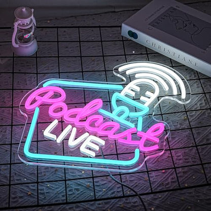 Podcast Live Neon Light Sign Rose White Letter LED Sign Studio Live Neon Light for Wall Decor Podcasters Recording Studios for Beer Bar Streaming Studio Gamer Room Bedroom Man Cave - style: podcast live