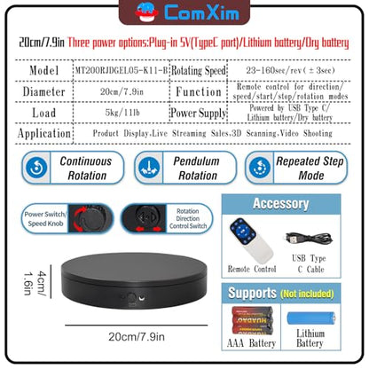 Motorized Rotating Display Stand with Remote, 7.87in 360 Electric Turntable for Display,Photography,3D Scanner Models, Motorized Lazy Susan and Photography Turntable Control Angle/Speed,Step/Swing/Continuous Rotation - size: 7.87inch/Black/11Lbs Load