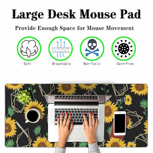 Sunflowers Yellow Mouse Pad Sunflower Gold Geometric Green Leaf Keyboard Mat Large Gaming Mousepad for Desk,Office,Bed 35.4"X15.7" - color: sunflowers yellow