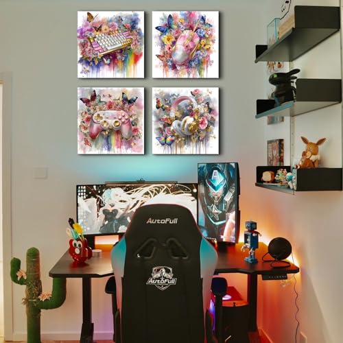 Pink and Gold Wall Art Graffiti Gaming Flowers Butterfly Pictures for Gamer Girls Room Decor Aesthetic Game Gamepad Headphone Canvas Prints Bedroom Playroom Games Posters Home Decoration 12x12” 4Pcs - color: Field054P, size: 12x12in