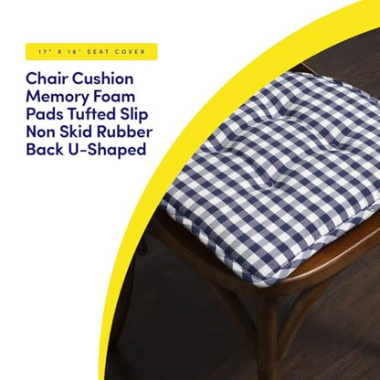 Sweet Home Collection Chair Cushion Memory Foam Pads Tufted Slip Non Skid Rubber Back U-Shaped 17" x 16" Seat Cover, 4 Count (Pack of 1), Checkered Navy/White - color: Checkered Navy/White, size: 4 Pack, style: Foam Pads
