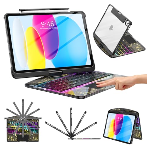 TSQQST Clear Wireless Keyboard Case for iPad (A16) 11th Generation 11-inch 2025/ iPad 10th Generation 10.9-inch 2022 with Pencil Holder & Multi-Touch Trackpad, 7-Color Backlit, 360 Rotatable, Black - color: Clear+Black, size: A16 11th/10th