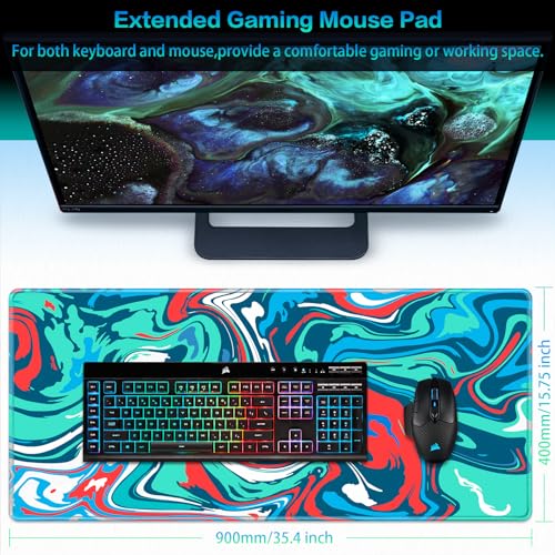 Canjoy Gaming Mouse Pad, Fluid Pattern Mouse Pad 35.4x15.7inch Large Extended Computer Mouse Mat Keyboard Full Desk Mousepad for Gaming, Office, Home - color: Blue-Red Fluid, size: 900*400mm