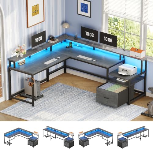SEDETA L Shaped Desk, 66" Home Office Desk with File Drawer & Power Outlet, Gaming Desk with Led Lights, Corner Computer Desk with Monitor Shelf, Printer Storage Shelves, Two Person Desk, Grey - color: Grey