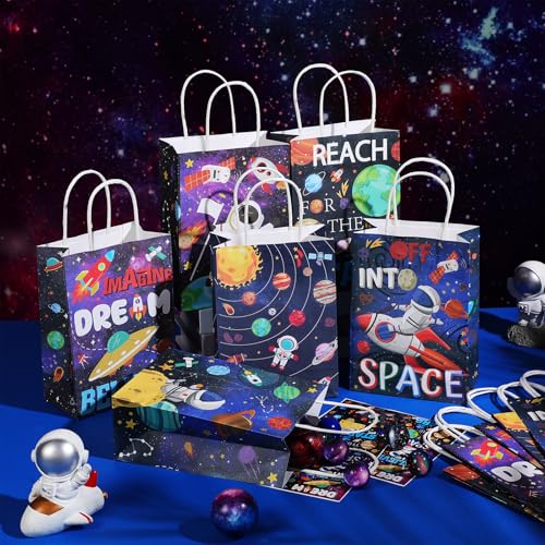 MotiMind 24 Pcs Outer Space Party Bags Outer Space Party Favors Bags with Handle Outer Space Paper Candy Treat Goodie Bag for Birthday Holiday Party Decorations for Kids - style: Outer Space