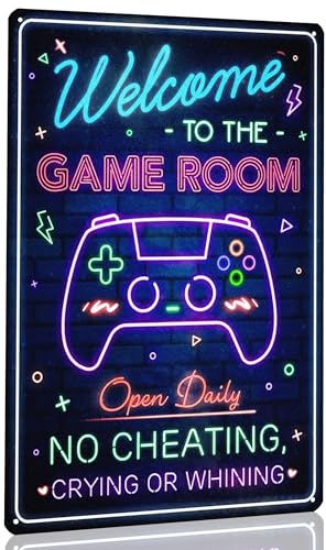 Funny Rinted Neon Gaming Metal Poster for Gaming Room Wall Door Decor for Teen Boy Boyfriend Welcome To The Game Room Sign 8 x 12 Inches