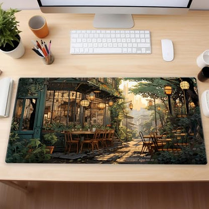 Extended Gaming Mouse Pad XL, Anime Street Desk Pad Mat 31.5x15.7, Non-Slip | Beautiful large desk pad with a cozy anime cafe street scene print. Ideal for healing visual desk setups. - color: Anime Street Scene