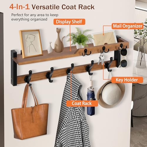 dreampossible 4 in 1 Coat Rack Wall Mount with Shelf, Coat Hooks 25.2" Entryway Coat Hanger with Key Hooks and Mail Holder, Wall Hooks with Shelf, Hat Rack for Wall Key Holder Mail Organizer - color: Brown