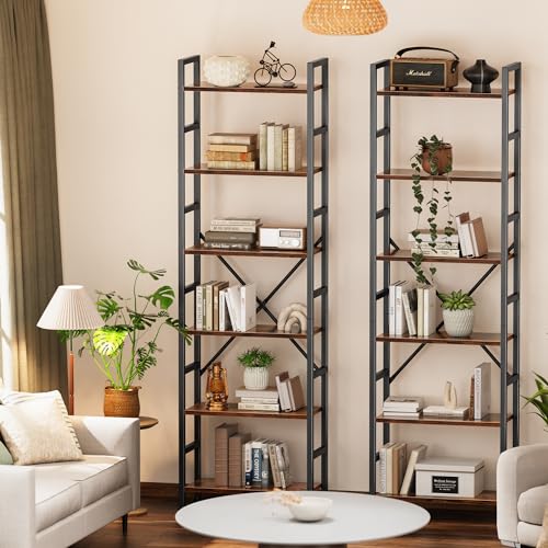 SUPERJARE Triple Bookshelf, Bookcase with 17 Open Display Shelves, Wide Book Shelf Book Case for Home & Office, 6 Tier, Brown, ABC003Z - color: Rustic Brown, size: 6 Tier