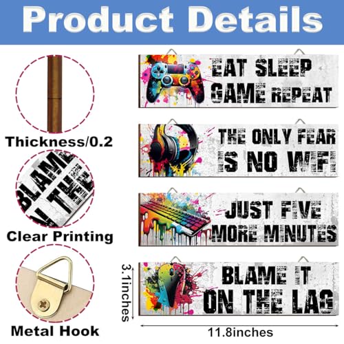 Hatzelou 4Pcs Game Room Hanging Decor Sign, Watercolor Game Wall Wooden Sign, Game Room Accessories Hanging Sign, Gamer Hanging Plaques for Teen Room Bedroom Playroom Decorations, black - size: 4pcs-eat-color