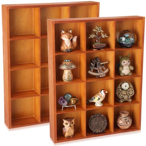 Yookeer 2 Pcs 12-Slot Wood Sorting Tray Grid Display Cabinet 13.4 x 10.6 x 2 Inch Divided Organizer Solid Wooden Storage Desktop Grid Display, Wall Shelf Storage Rustic Decor for Crafts Home Office