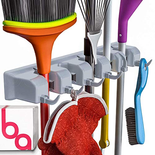 Berry Ave Broom Holder Wall Mount and Garden Tool Organizer, Closet Storage, Kitchen Rack, Home Organization and Garage Organizer for Rake or Mop Handles Up to 1.25-Inches, Hanger Plus 6 Hooks (Grey) - color: Grey, size: 1 Pack