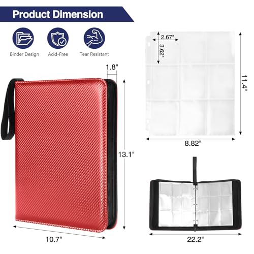 MAXECHO 9 Pocket Trading Card Binder, 1008 Pockets in 56 Removable Double-Sided Sleeves, PU Zip Card Collection Storage Organizer Album for Baseball, MTG, TCG, Sports. Red - color: Red