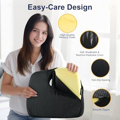 Ergonomic Memory Foam Seat Cushions for Office Chairs –Office Chair Cushion for Coccyx, Tailbone & Pressure Relief –Large Desk Chair Pad for Office, Gaming & Long Sitting,Washable Non-Slip Cover