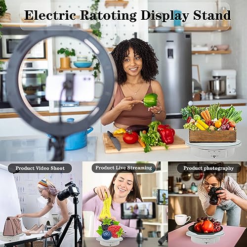 JAYEGT 3 in 1 Rotating Display Stand with 5.74/7.08/8.66 inch Replacement Mirror Cover，22lbs Load , 360 Degree Electronic Turntable for Photography Products Display (Mirror/3 in1 / White/ Remote Control) - color: White