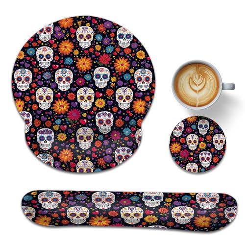 Skull Keyboard Wrist Rest Pad Ergonomic Mouse Pad Set,Flower 3 in 1 Memory Foam Mouse Pad with Non Slip Base for Office and Home - color: Skull Flower