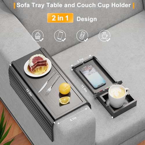 Bestjing Bamboo Couch Armrest Table, Sofa Arm Tray with Detachable Couch Cup Holder- 2 in 1 Anti-Slip Foldable Sofa Armchair Caddy Table for Drinks Cellphone TV Remote Snacks (Black) - color: Black, size: 16.3" x 13.3" x 2"