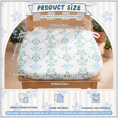6 Pack Grandmillenial Chair Cushions for Dining Chairs 17" x 16" x 2" D-Shaped Breathable Blue and White Floral Linen Kitchen Chair Pads with Ties Washable Non Slip Seat Cushion - style: Floral