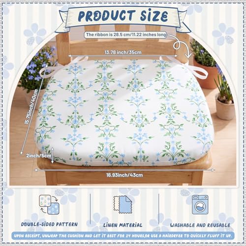 6 Pack Grandmillenial Chair Cushions for Dining Chairs 17" x 16" x 2" D-Shaped Breathable Blue and White Floral Linen Kitchen Chair Pads with Ties Washable Non Slip Seat Cushion - style: Floral
