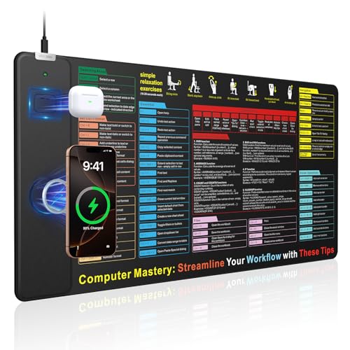 Excel Cheat Sheet Mouse Pad with Magnetic Wireless Charger, 31.5"x15.8" Extended Excel Shortcuts Desk Pad, Waterproof Ultra-Smooth Keyboard Mat, Non-Slip Base - color: Black-Excel Formulas-31.5"x15.8"