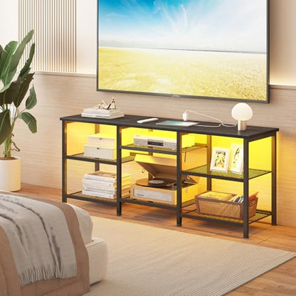 YGEOMER Entertainment Center for TVs Up to 50 Inch, Entertainment Stand with Power Outlet and LED Lights Open Storage Shelves, TV Console Table for Living Room and Bedroom, Black - color: Black