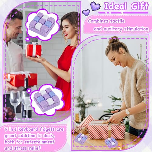 Keyboard Fidget Toy, Keyboard Keychain Fidget Toys, 9-in-1 Clicker Fidget Toy, Stress Relief Desk Decompression Button, Anxiety Relief Valentine's Day Gifts (3 Color-Purple Blue White) - color: 3 Color-purple Blue White