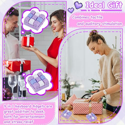 Keyboard Fidget Toy, Keyboard Keychain Fidget Toys, 9-in-1 Clicker Fidget Toy, Stress Relief Desk Decompression Button, Anxiety Relief Valentine's Day Gifts (3 Color-Purple Blue White) - color: 3 Color-purple Blue White