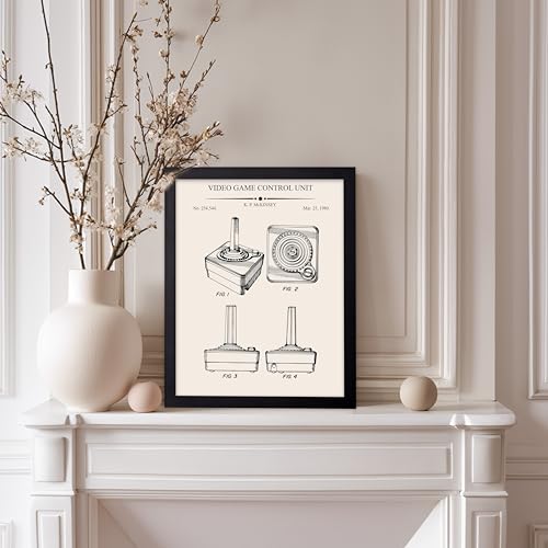 Monem Art 4-Piece Gaming Blueprint Poster - Video Game Patent Print - Joystick & Controller Art - Technical Drawing Design - Gameboy Print - Office or Kid's Room Decor, 8x10 Black Framed