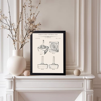 Monem Art 4-Piece Gaming Blueprint Poster - Video Game Patent Print - Joystick & Controller Art - Technical Drawing Design - Gameboy Print - Office or Kid's Room Decor, 8x10 Black Framed