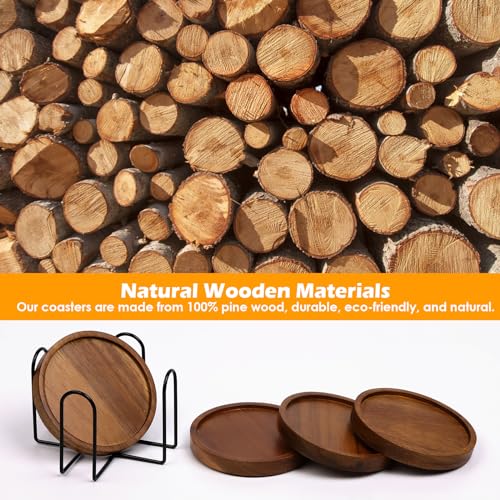 4 Pcs Wood Coasters for Drinks Absorbent, Wooden Coasters with Holder, Drink Coasters for Coffee Table, Absorbent Coaster Set for Table Protection Drink Coasters for Farmhouse, Office, Bar - style: Set of 4