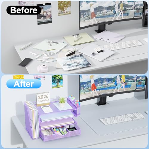 gianotter Desk Organizers and Accessories with File Holder, 4-Tier Desk Accessories & Workspace Organizers with Drawer and 2 Pen Holder, Paper Organizer for Office Supplies (Purple) - color: Purple