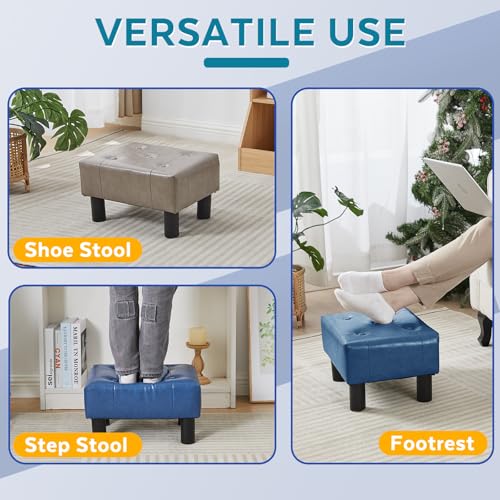 Small Foot Stool Ottoman, Faux Leather Footstool Ottoman Foot Rest for Couch, Rectangle Footstools and Ottomans Small for Living Room, Entryway and Bedroom (Blue) - color: Blue (Faux Leather)