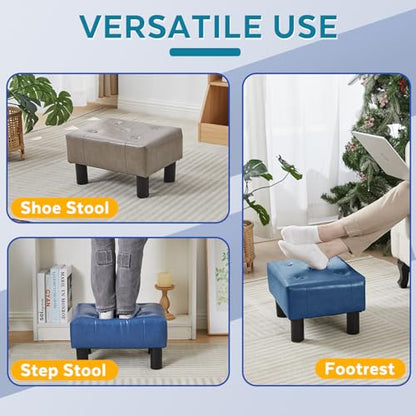 Small Foot Stool Ottoman, Faux Leather Footstool Ottoman Foot Rest for Couch, Rectangle Footstools and Ottomans Small for Living Room, Entryway and Bedroom (Blue) - color: Blue (Faux Leather)
