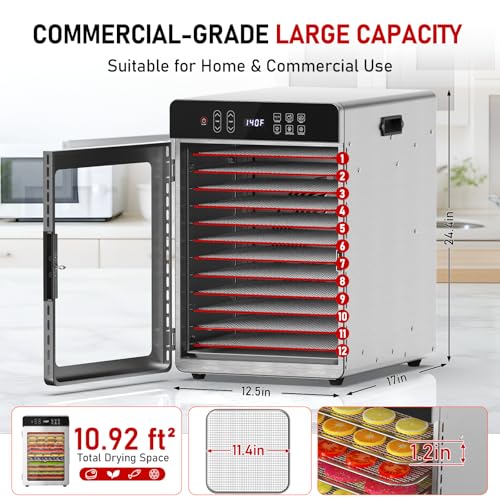 Food Dehydrator, 12 Stainless Steel Trays, 800W Electric Dehydrator Machine with Digital Timer & 194℉ Temp Control, 4 Presets, 10.9ft² Dehydrator for Food and Jerky, Fruit, Herbs, Dog Treats