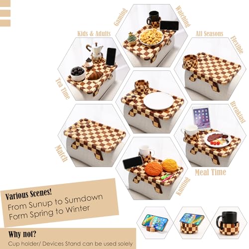 Nnewvante Couch Armrest Tray,3 in 1 Large 15.36"x9.85" Rubberwood Sofa Arm Cup Holder Clip on Side Table with 360°Rotated Phone/Drink Holder - color: Checkered