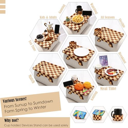 Nnewvante Couch Armrest Tray,3 in 1 Large 15.36"x9.85" Rubberwood Sofa Arm Cup Holder Clip on Side Table with 360°Rotated Phone/Drink Holder - color: Checkered