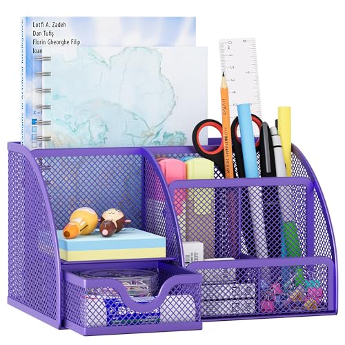 EasyPAG Mesh Desk Organizer with Drawer Multi-functional Pen Holder Stationery Organizer for Office School Supplies 6 Compartments Dorm Organizers and Storage for Desk, Purple - color: Purple