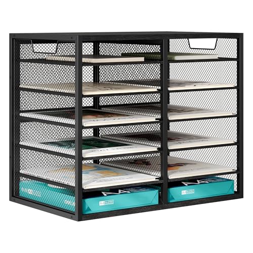 TQVAI 12 Compartments Desktop Literature Organizer, Metal Frame Paper Sorter with Handles, Adjustable Mailbox for Classroom and Office, Desk File Organizer for Document, Bill, Magazine, Black - color: Black, size: 21.1" W X 12.2" D X 16.14" H