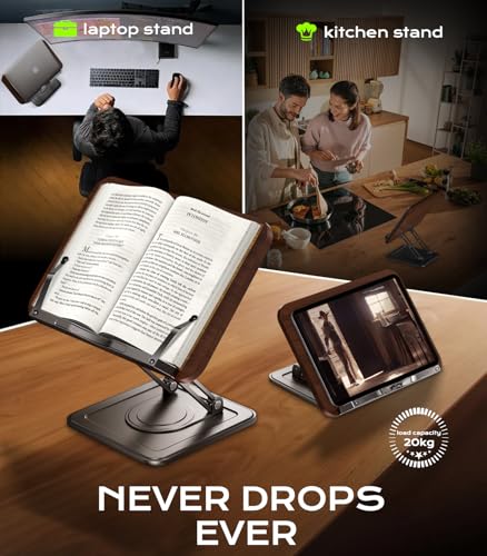 Book Stand for Reading, Adjustable Book Holder with 360°Rotating Bases, Ergonomic Cookbook Stand Recipe Book Holder with Elastic Page Clips for Magazines, Tablets, Laptops,Black - color: Black