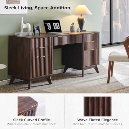 T4TREAM 60'' Fluted Executive Desk with Drawers, Modern Home Office Computer Desk with Charging Station, Keyboard Tray, File Drawer and Storage Cabinet for Study, Living Room, Bedroom, Dark Walnut - color: Dark Walnut