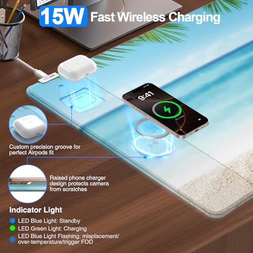 Wireless Charging Mouse Pad, 31.5"x15.8" Large Gaming Desk Mat for Keyboard/Laptop, Waterproof Ultra-Smooth Surface, Non-Slip Base, with 20W PD Adapter, Summer Beach - color: Summer Beach-31.5"x15.8"(with Wall Charger)