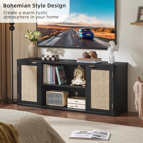 LEYAOYAO Rattan TV Stands for Living Room, Boho Entertainment Center with Storage and Open Shelf, Wood Media Console for 50-65 Inch TV, Black