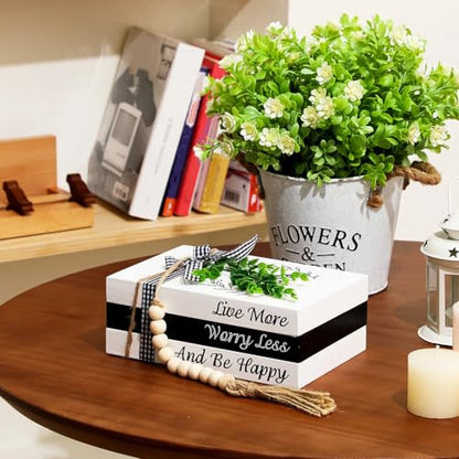 Capoda 3 Pcs Decorative Books for Home Decor Farmhouse Faux Stacked Books Wooden Rustic Table Decor with Bead Garland Twine Ribbon Faux Leaf for Table (Smile) - style: Smile