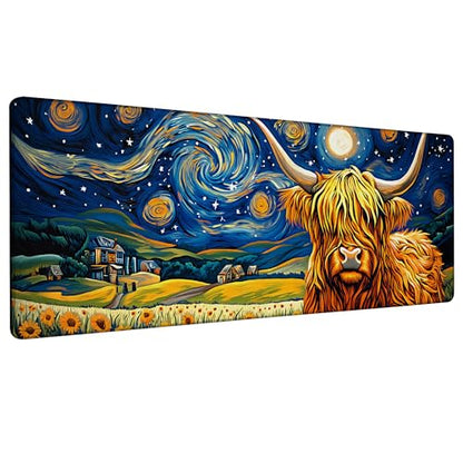 Highland Cow Starry Night Gaming Mouse Pad Large Desk Mat Extended Keyboard Anime Mousepad with Non-Slip Base and Stitched Edge for Desk Home Office Gaming,31.5 x 11.8 Inch - color: Highland Cow Starry Night, size: 11.8*31.5inch