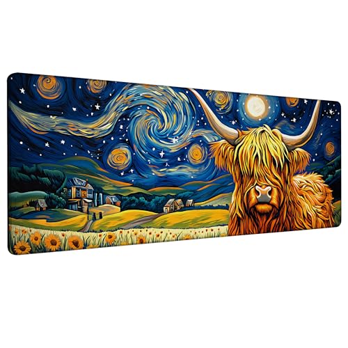 Highland Cow Starry Night Gaming Mouse Pad Large Desk Mat Extended Keyboard Anime Mousepad with Non-Slip Base and Stitched Edge for Desk Home Office Gaming,31.5 x 11.8 Inch - color: Highland Cow Starry Night, size: 11.8*31.5inch
