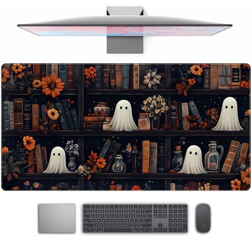 Cute Ghost Desk Mat Dark Vintage Large Mouse Pad Gaming Black Mouse Pad XXL Large Gaming Mousepad Desk Mat for Desktop Office Computer Laptop Keyboard and Mouse Mat - 31.5 X 15.7 in Desktop Protector - color: Bookshelf Ghost