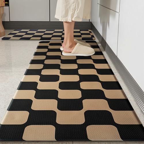 Black Brown Retro Curvy Checkered Grid Checkerboard Kitchen Rug Sets [2 PCs], Anti-Fatigue, Waterproof Non-Slip Kitchen Mats Heavy Duty Comfort Foam Rug for Floor, Home, Laundry,17"x29"+17"x47" - color: Milkgrid-black & Brown, size: 17.3"x29"+17.3"x47"-0.