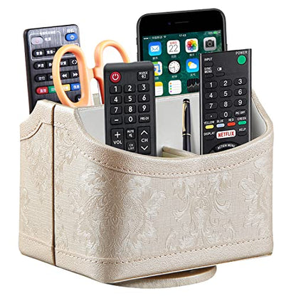 PUSU Leather 360°Rotatable Remote Control Holder,Nightstand TV Remote Caddy,Office Supplies Desktop Organizer,Spinning Storage Box for Pen,Mail,Phone,DVD, Blu-Ray, Media Player, Heater Controllers - color: 1 A Embroidery Flower