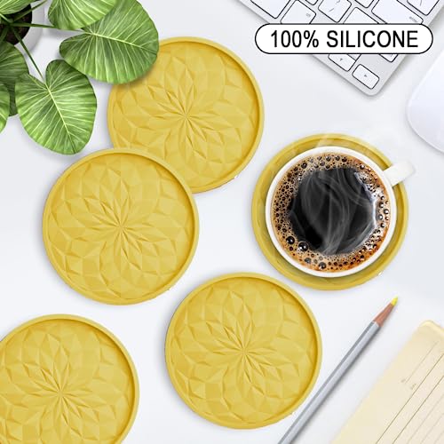 ME.FAN Silicone Coasters with Holder,[6 Pack] Drinking Coasters - Cup Mat for Hot or Cold Drinks, Thickened, Non-Slip, Non-stick,Deep Tray Yellow - color: Yellow